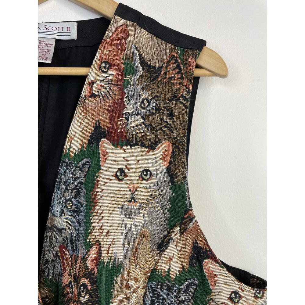 Vintage 90s Karen Scott Cat Cats Kitties Tapestry Vest Waistcoat Plus Size 2X - Picture 3 of 12